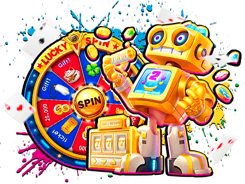 All-in-one entertainment experience, robot character with prize wheel showcasing various casino game options
