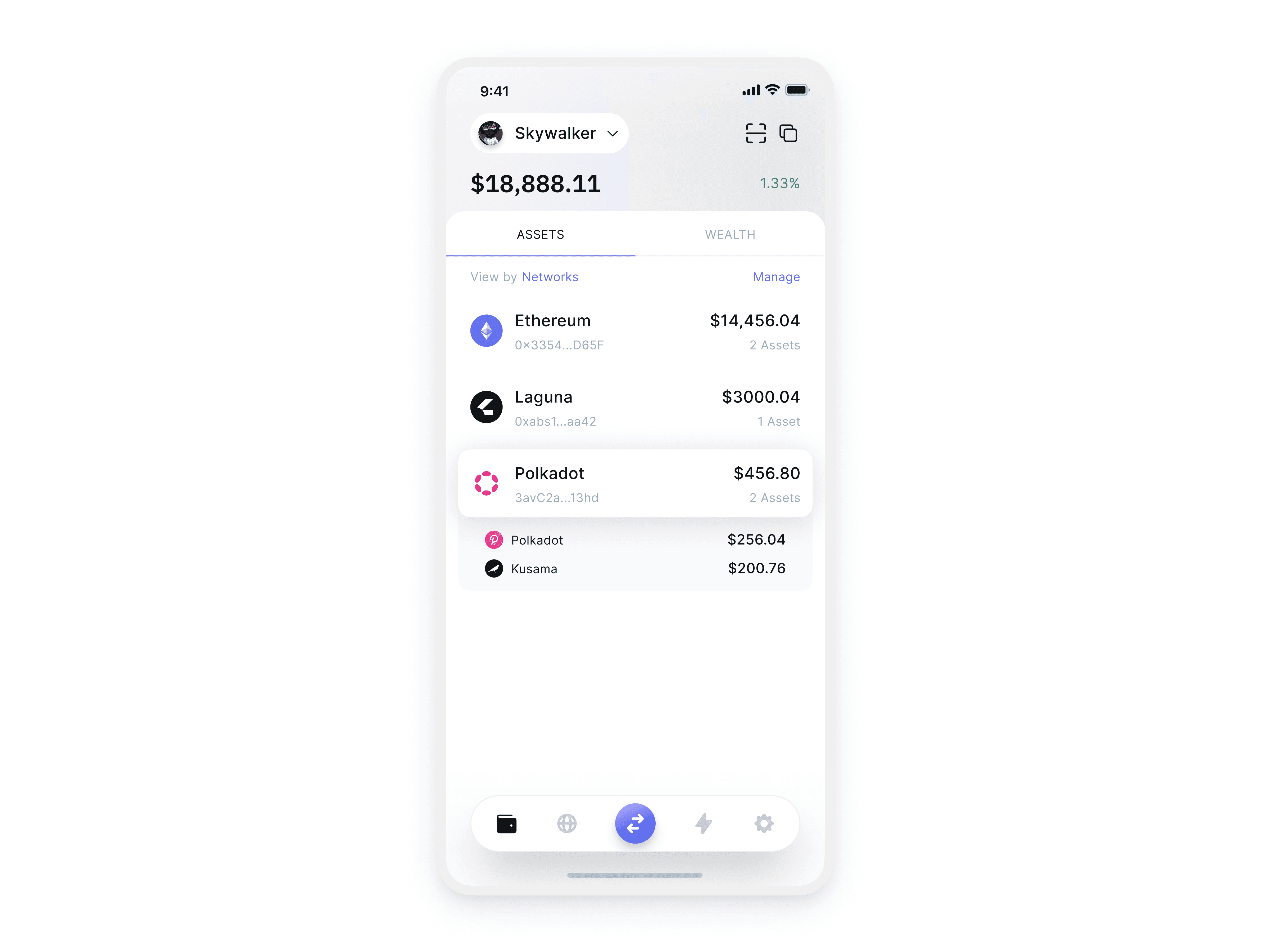 Laguna non-custodial wallet mobile interface showing user’s crypto asset dashboard across Ethereum, Nuon, Polkadot, and Kusama with staking and token fee options
