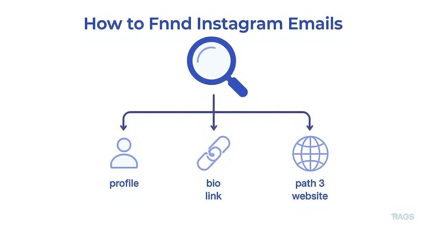 Infographic decision tree showing the steps to find an email on Instagram, starting from the profile, then checking the bio link and any linked websites.