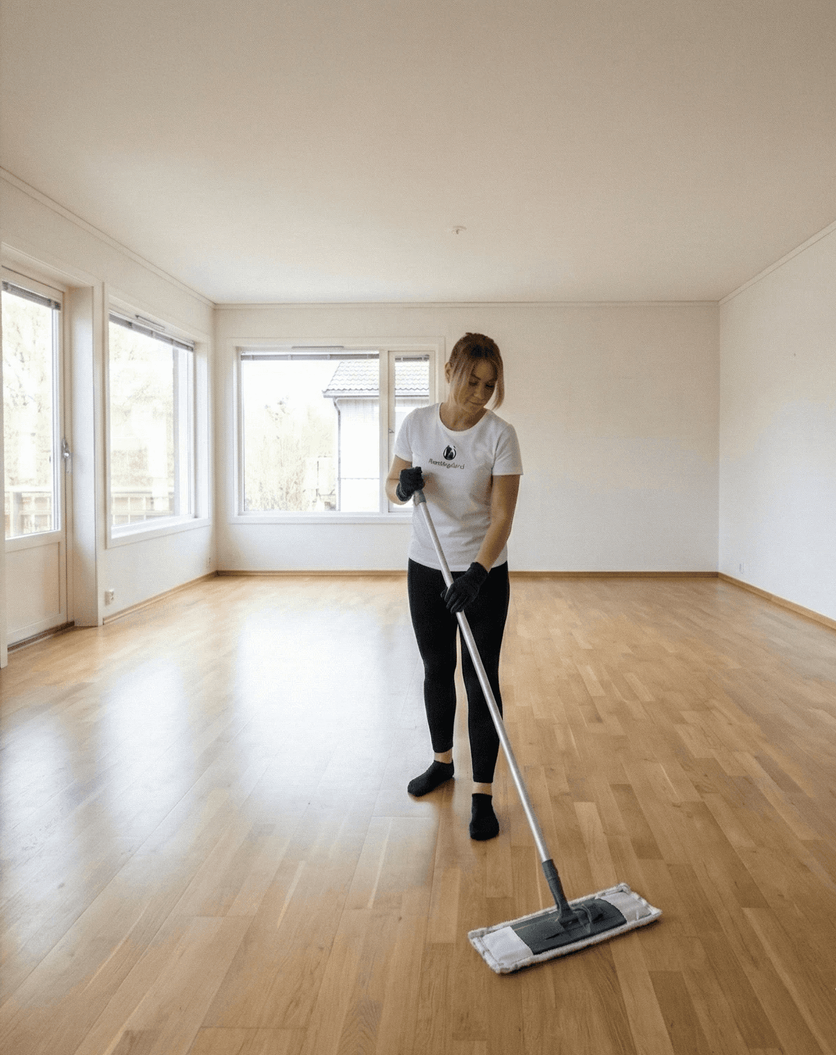 Lokaprif á gólfum, ryksugun og moppun í tómu rými fyrir úttekt.