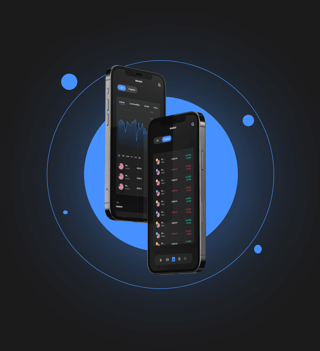 Mockups of Fintech mobile app UI/UX design with a sleek dark theme for tracking cryptocurrencies and investments.