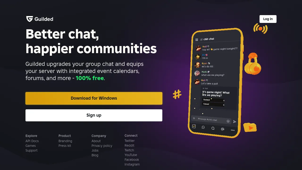 Screenshot of the Guilded website highlighting communication platform features for gaming communities