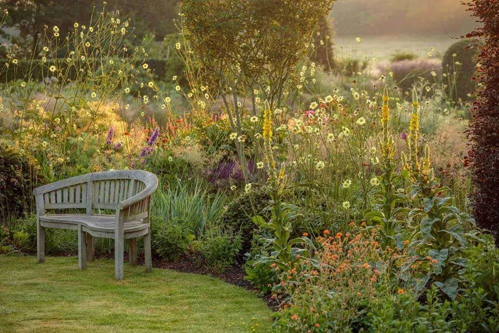 A serene garden filled with colorful flowers, with a metal bench and soft, warm lighting in the background.