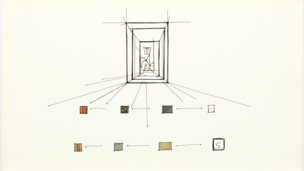 A conceptual architectural sketch displaying a perspective interior design with abstract elements and colored squares.