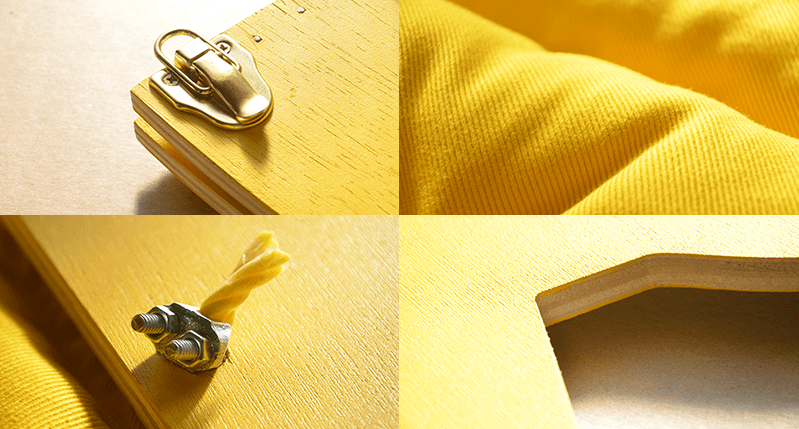 yellow details and on fabric ad wood