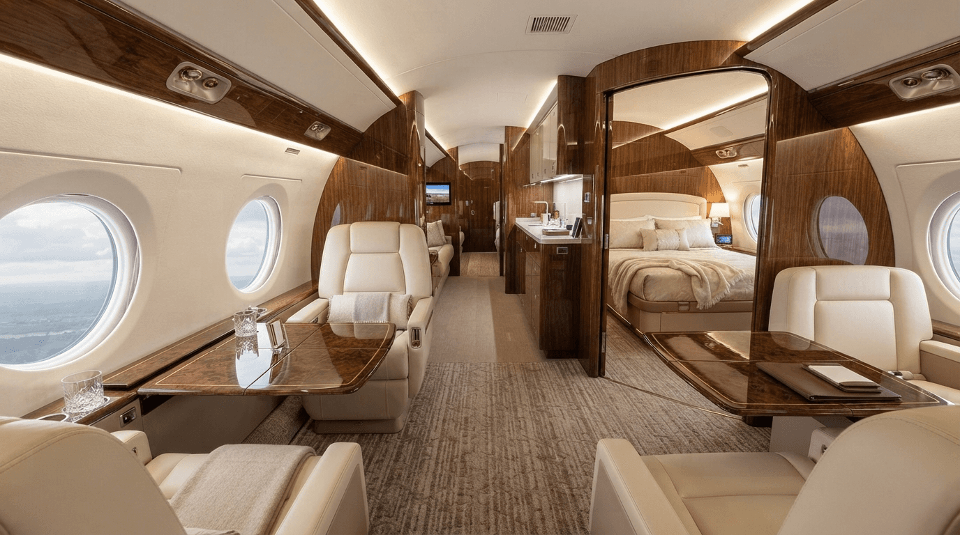 Ultra-long-range private jet interior with a bedroom — for nonstop Seoul–Europe flights