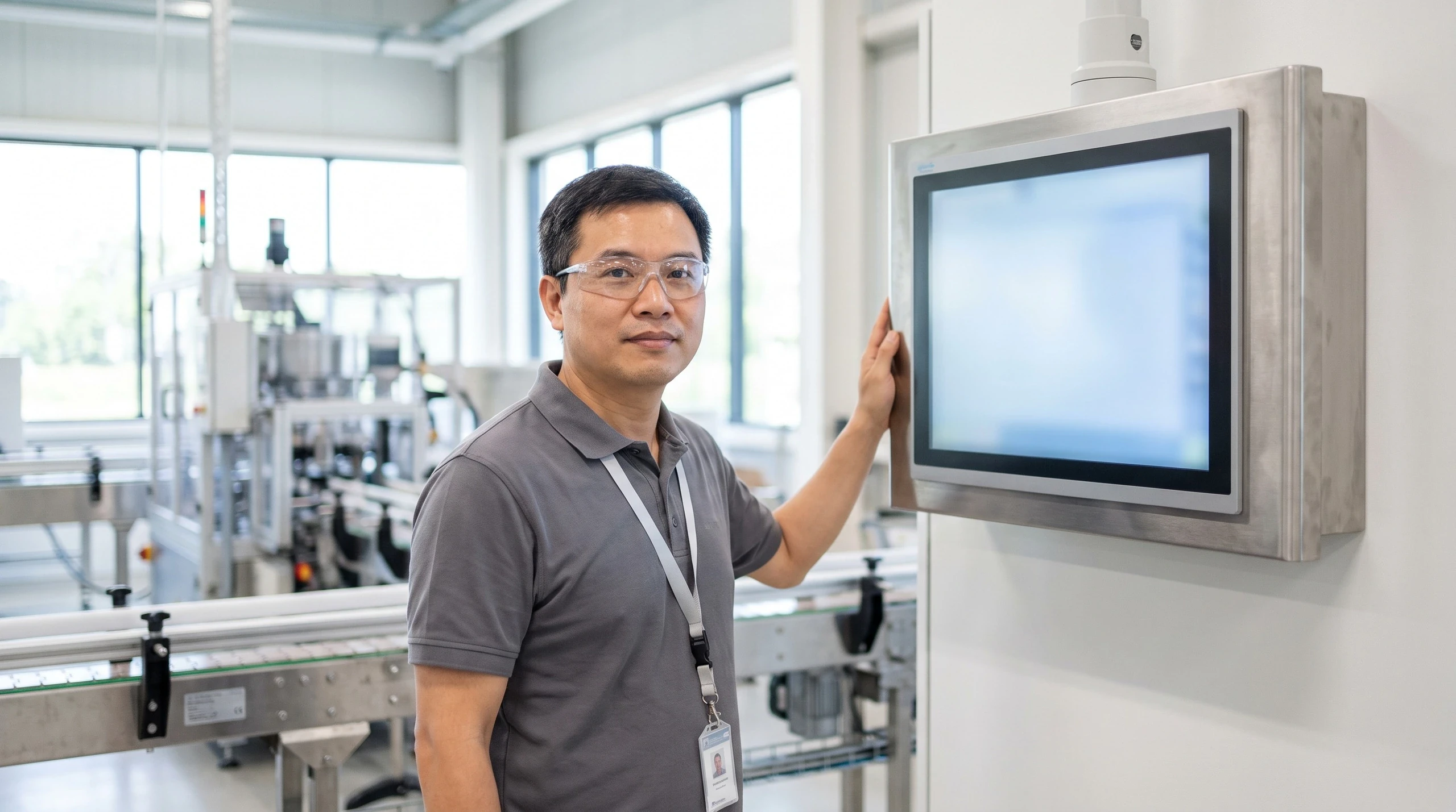 Supervisor reading a wall-mounted touchscreen on a clean, orderly plant floor.