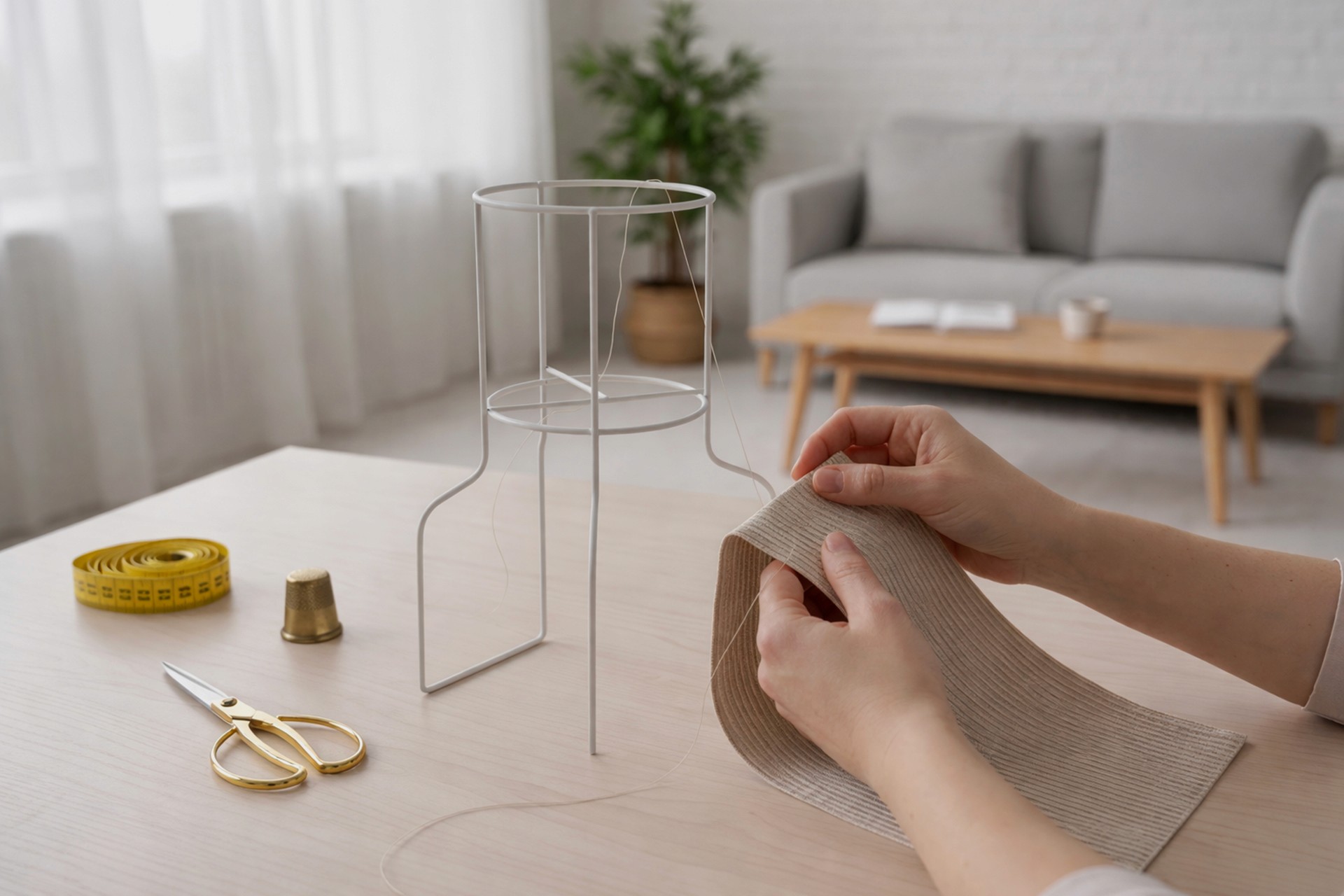A person stitching a piece of ribbed textile next to a white wire lamp base on a light wood desk.