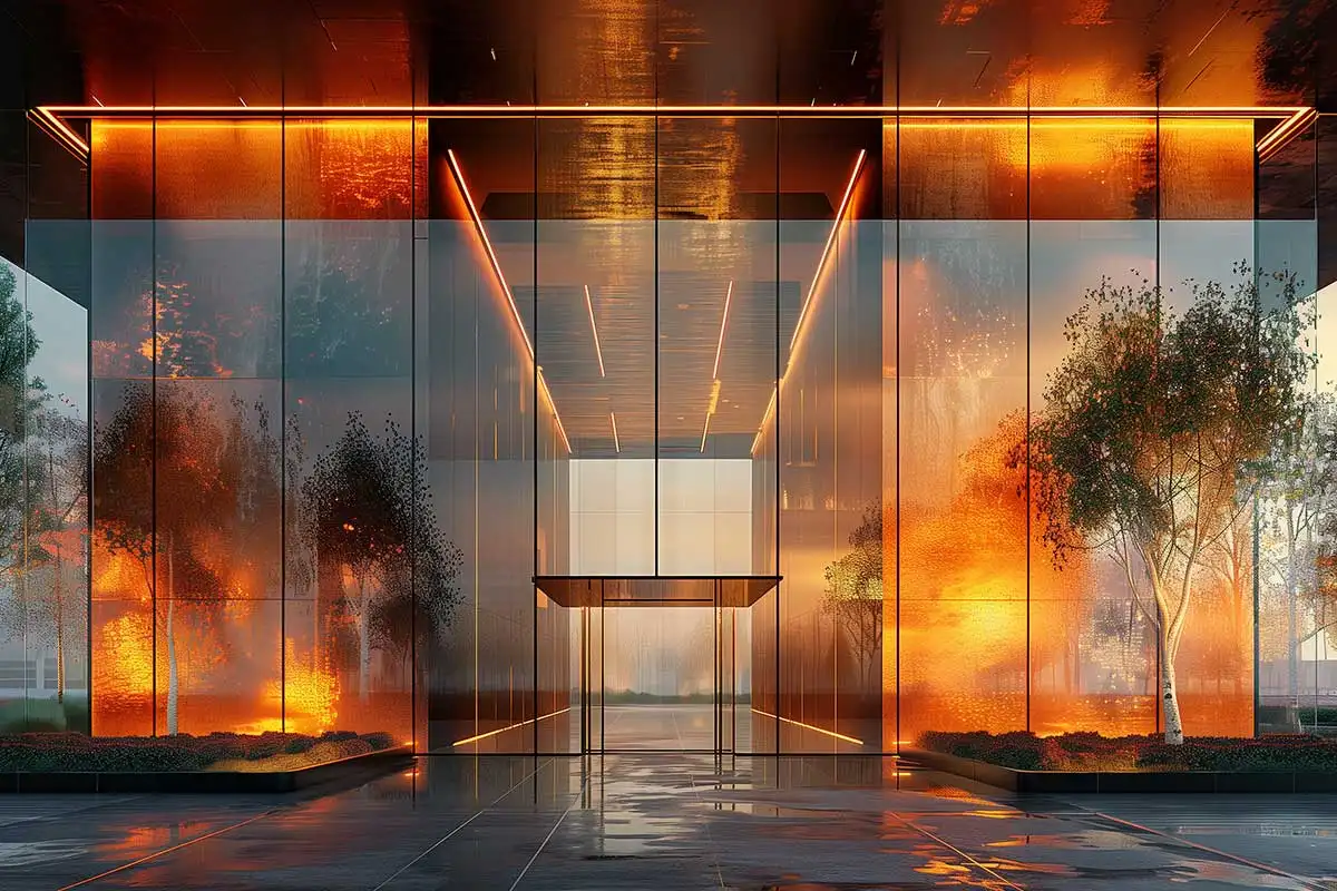 Entrance of a modern glass building with illuminated facade and reflections