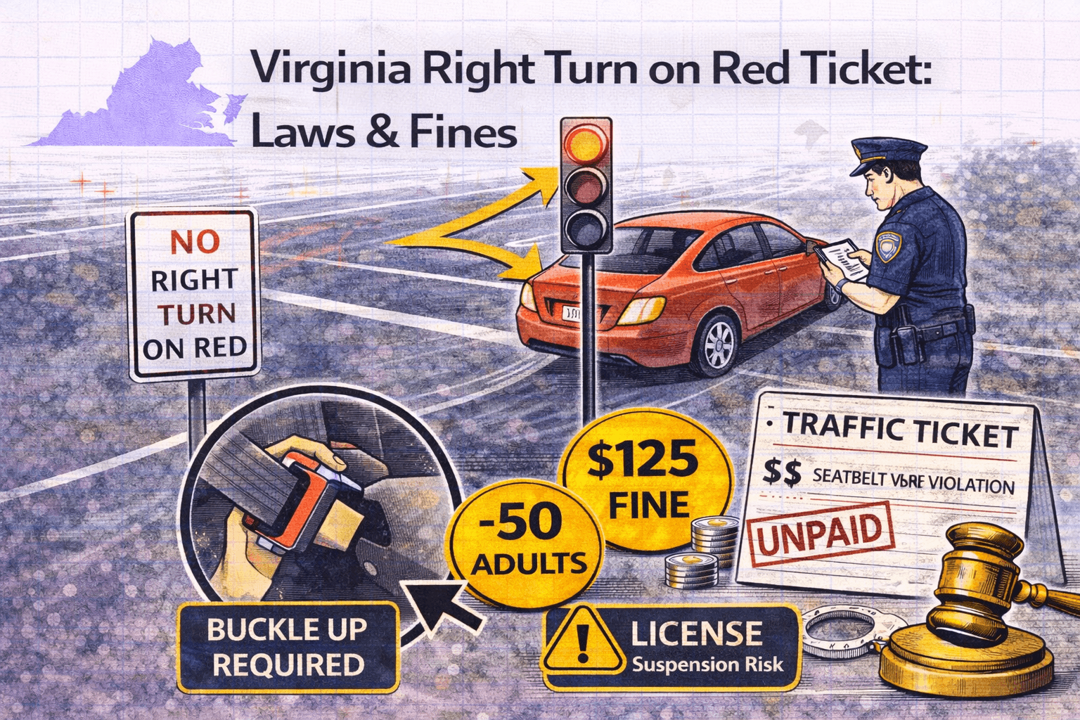 Virginia right turn on red ticket laws fines and demerit points illustrated with traffic signs and gavel