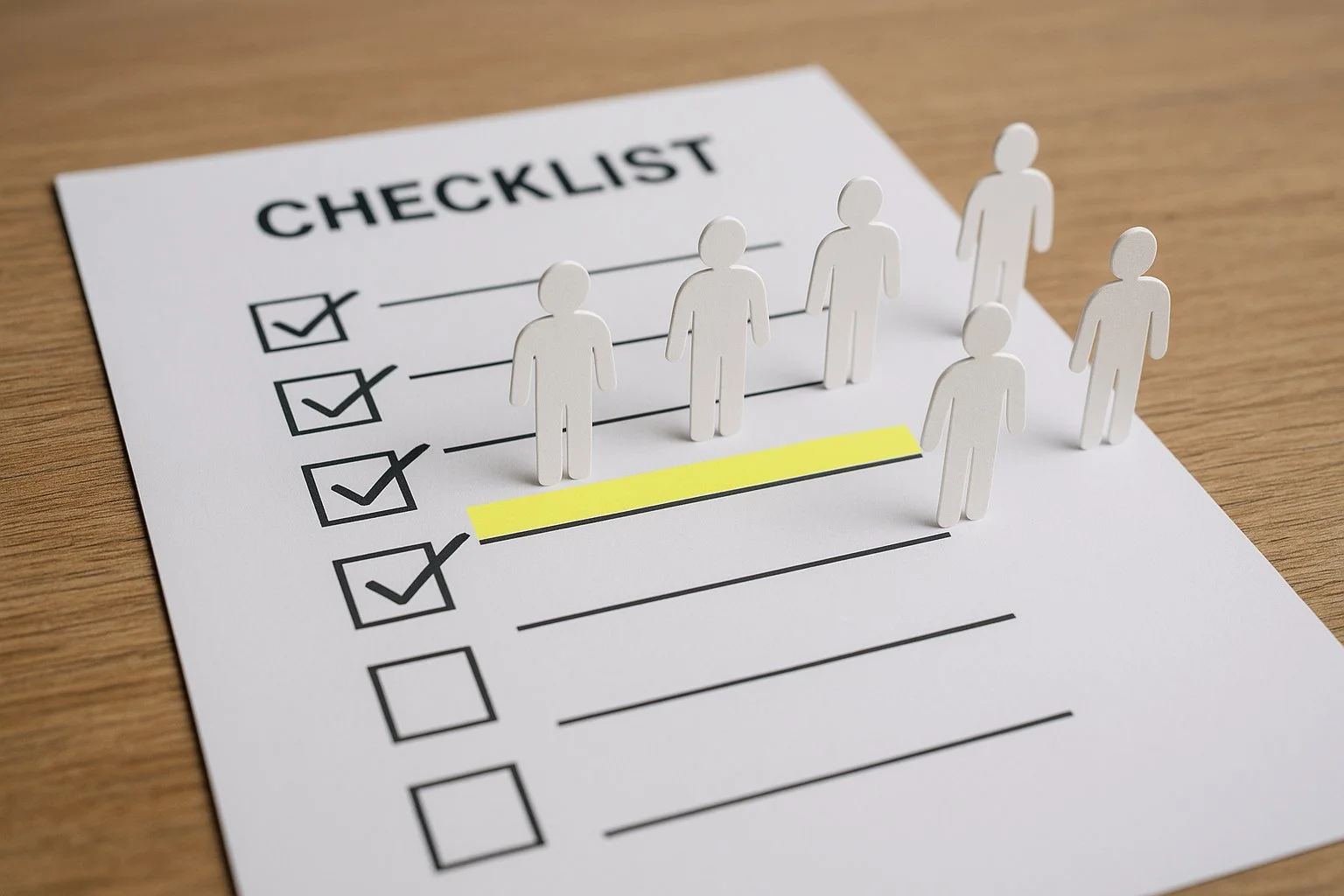 Desk with a checklist and miniature paper figures representing employees, highlighting only those who meet eligibility criteria.