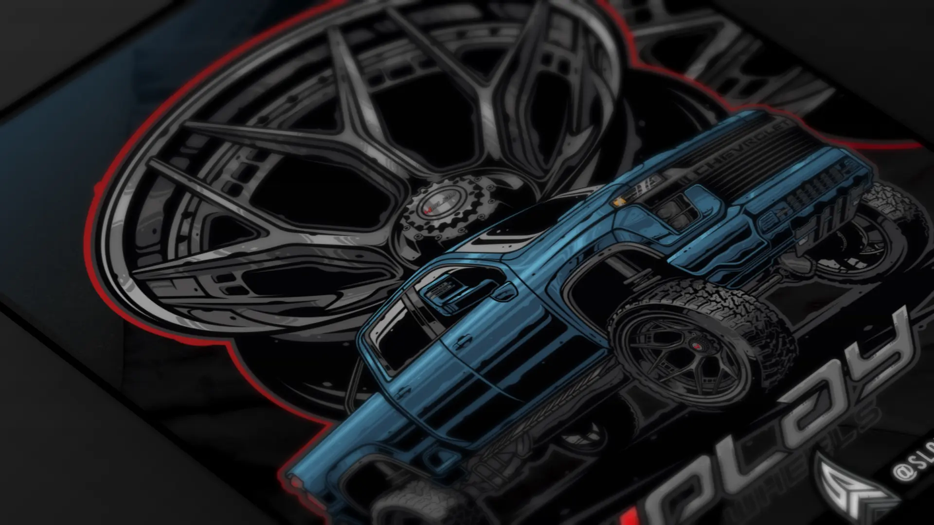 Custom t-shirt illustration featuring a lifted blue pickup truck and alloy wheel design created for 4 Play Wheels.
