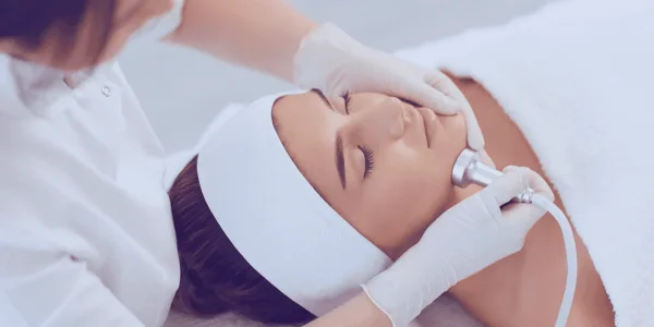 A woman is receiving a facial treatment with a dermabrasion device while lying with her eyes closed, wrapped in a towel with a headband, in a spa setting for skincare and rejuvenation purposes.
