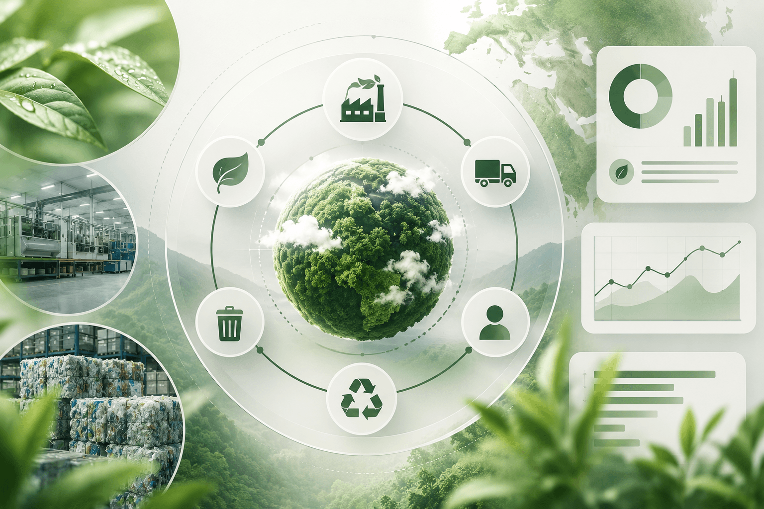 Cover image showing a circular Scope 3 value chain with icons for production, transport, product use, waste and recycling, surrounded by sustainability dashboards and green data visualizations.
