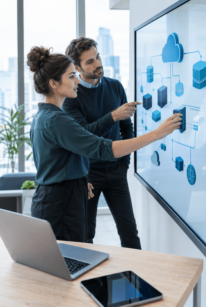 IT-Berater planen gemeinsam eine hybride Cloud-Architektur am Touchscreen