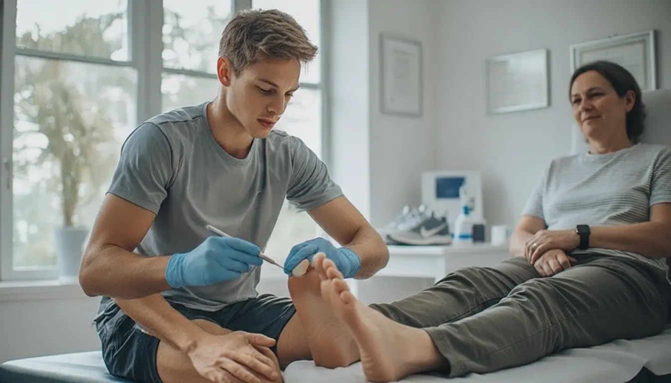 Podiatrist examining a foot during foot callus and corn removal