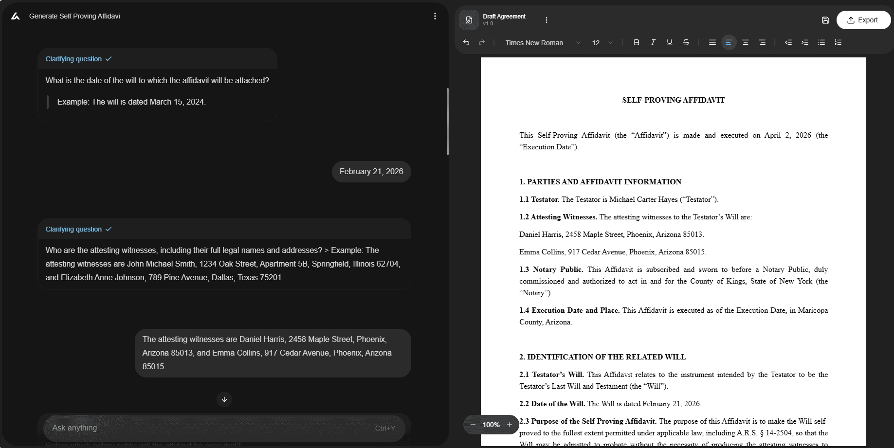 AI Lawyer drafting a self-proving affidavit from chat inputs