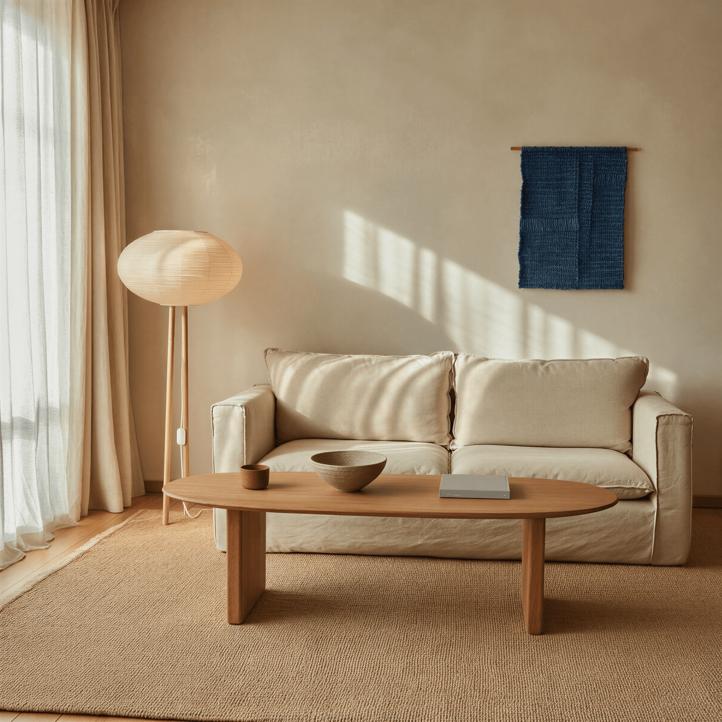 Warm Scandinavian living room with beige linen sofa, oval coffee table, paper lantern floor lamp, navy textile wall art, and soft curtains