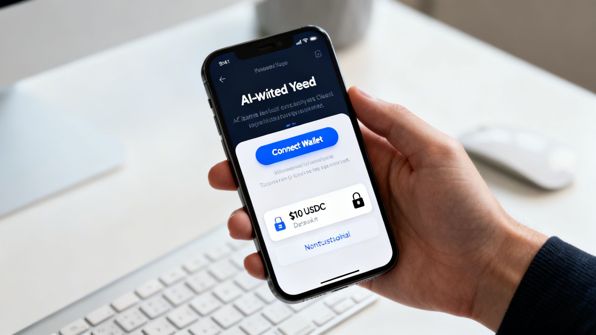 A hand holds a smartphone displaying a crypto application with 'Connect Wallet' and '$10 USDC' options.