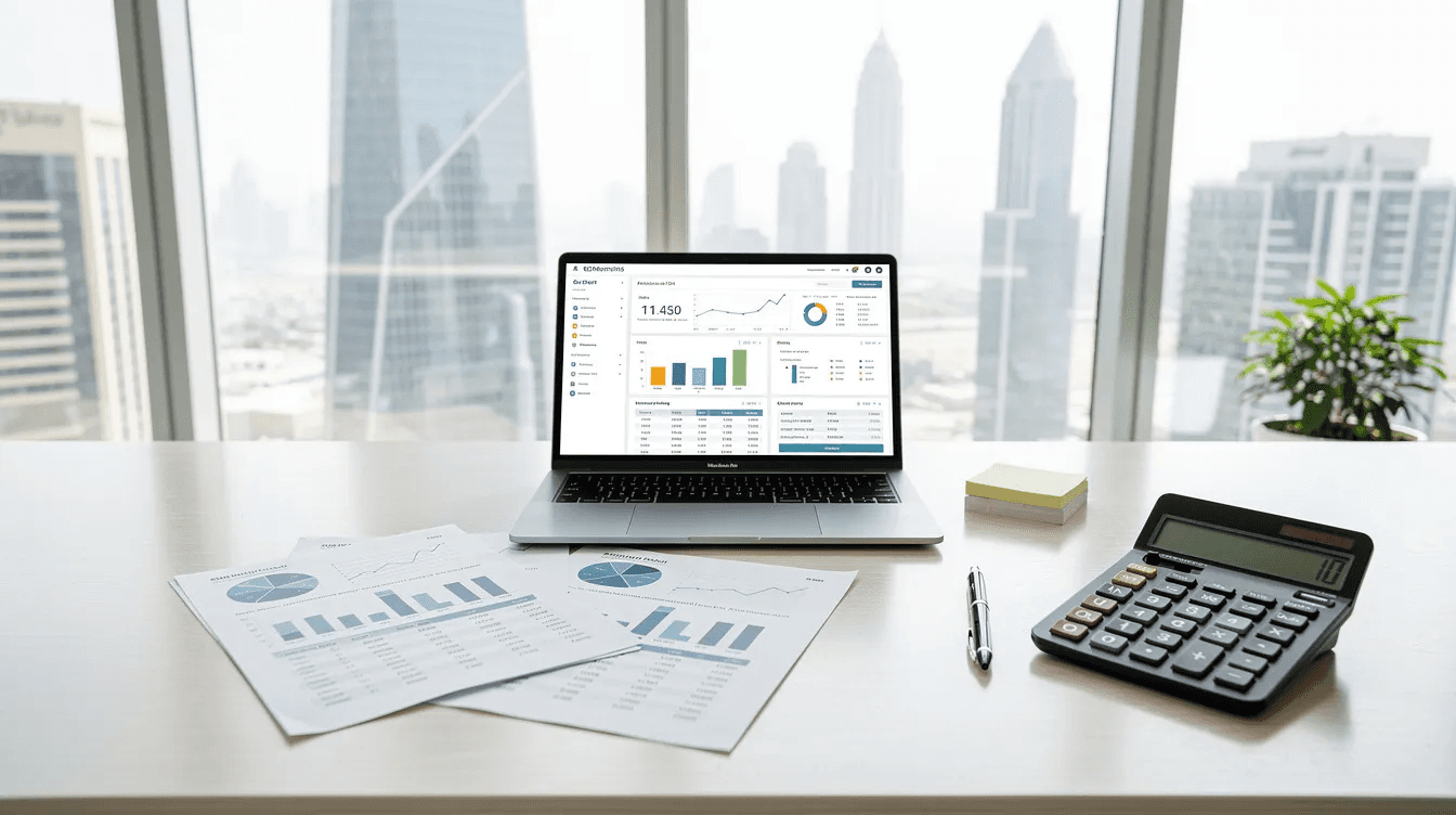 The image depicts a modern office desk in a bright Dubai workspace, featuring financial documents, a laptop, and a calculator, essential tools for managing VAT obligations and filing VAT returns in the UAE. The setup suggests a focus on timely and accurate filing of tax returns, highlighting the importance of financial records and compliance with tax laws.