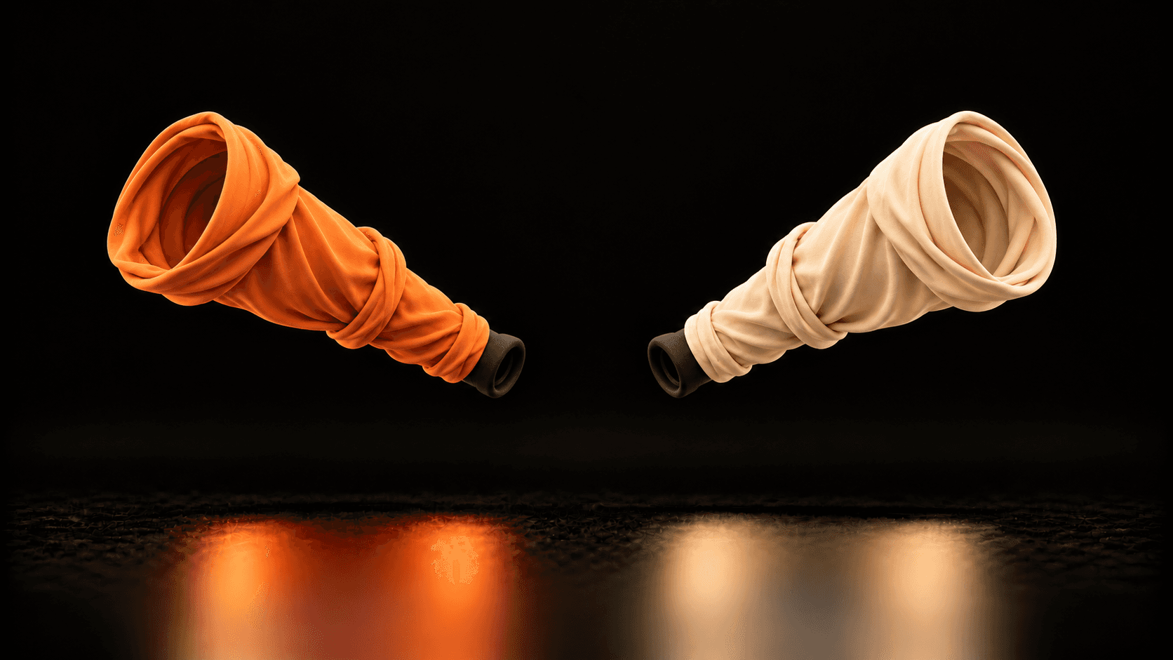 Two separate orange and cream cloth telescopes point outward, suggesting distinct perspectives for comparison.