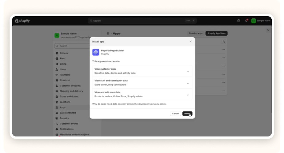 Shopify app installation popup showing PageFly permissions and install button