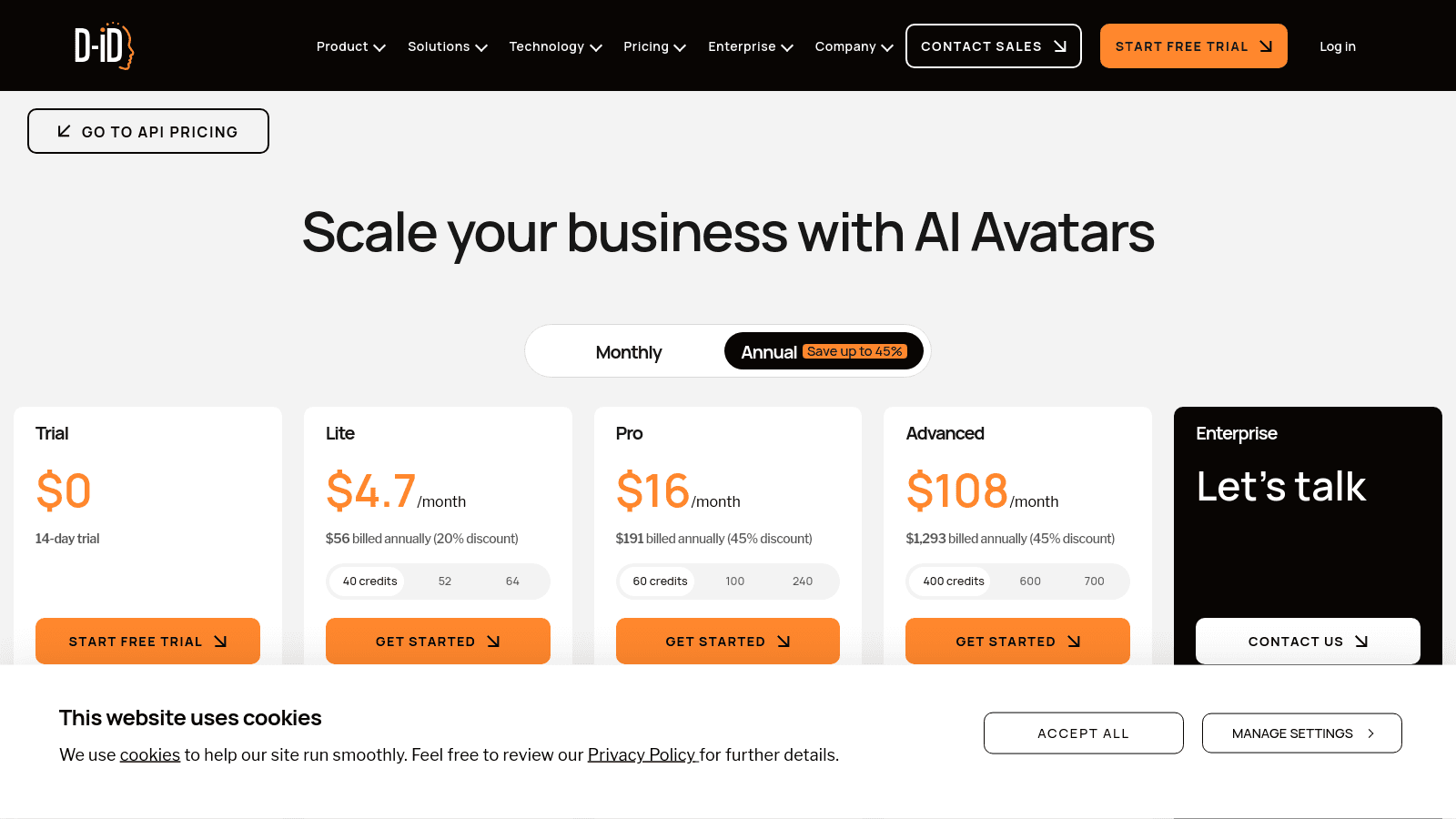 D-ID pricing page featuring subscription plan options like Trial, Lite, Pro, Advanced, and Enterprise.