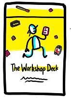 Set of colorful workshop design activity cards, including Sailboat, Map Target, Journey Mapping, Action Board, and Gratitude Poncho