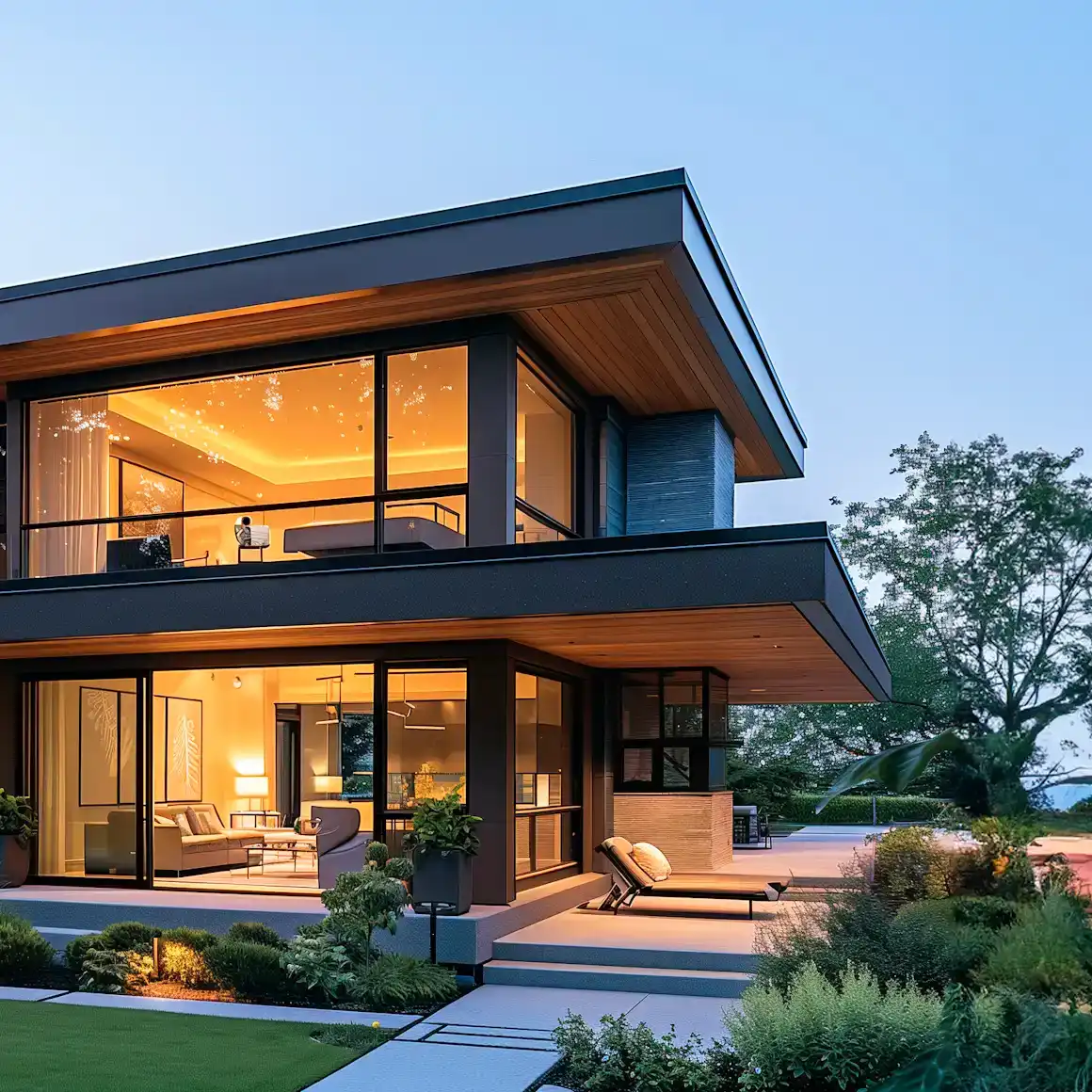 Modern house exterior with landscaped garden and paved driveway