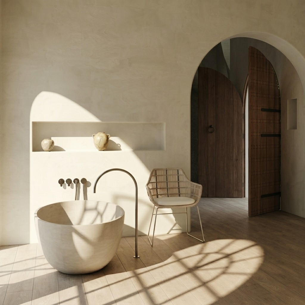 Sunlit bathroom with a round stone tub, arched wooden doors, and woven accent chair.