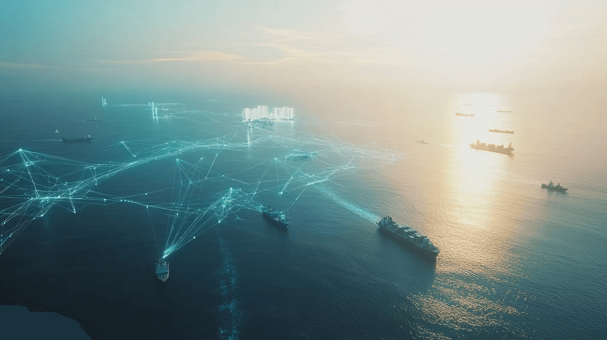 Aerial view of ships on water with glowing lines, representing connectivity and technology, under a bright sky.