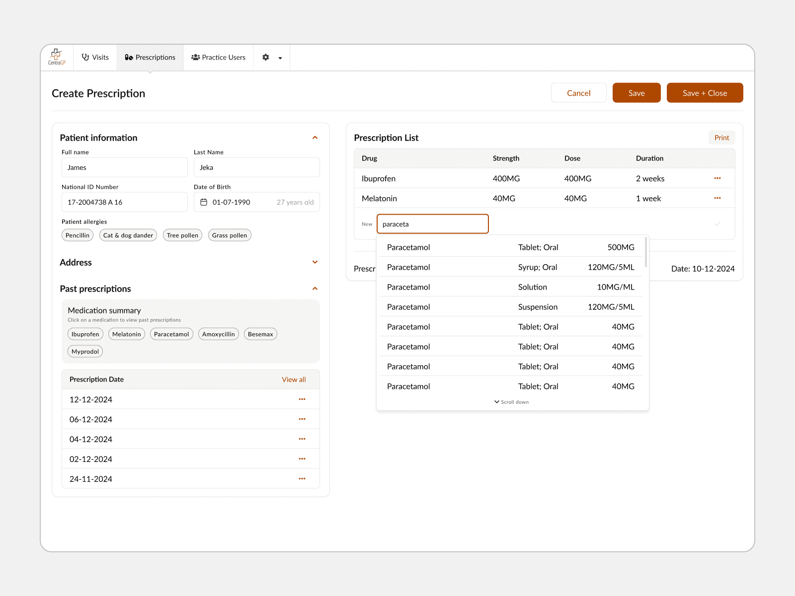A screenshot of a clinician writing a new prescription note for a patient in Centra GP.