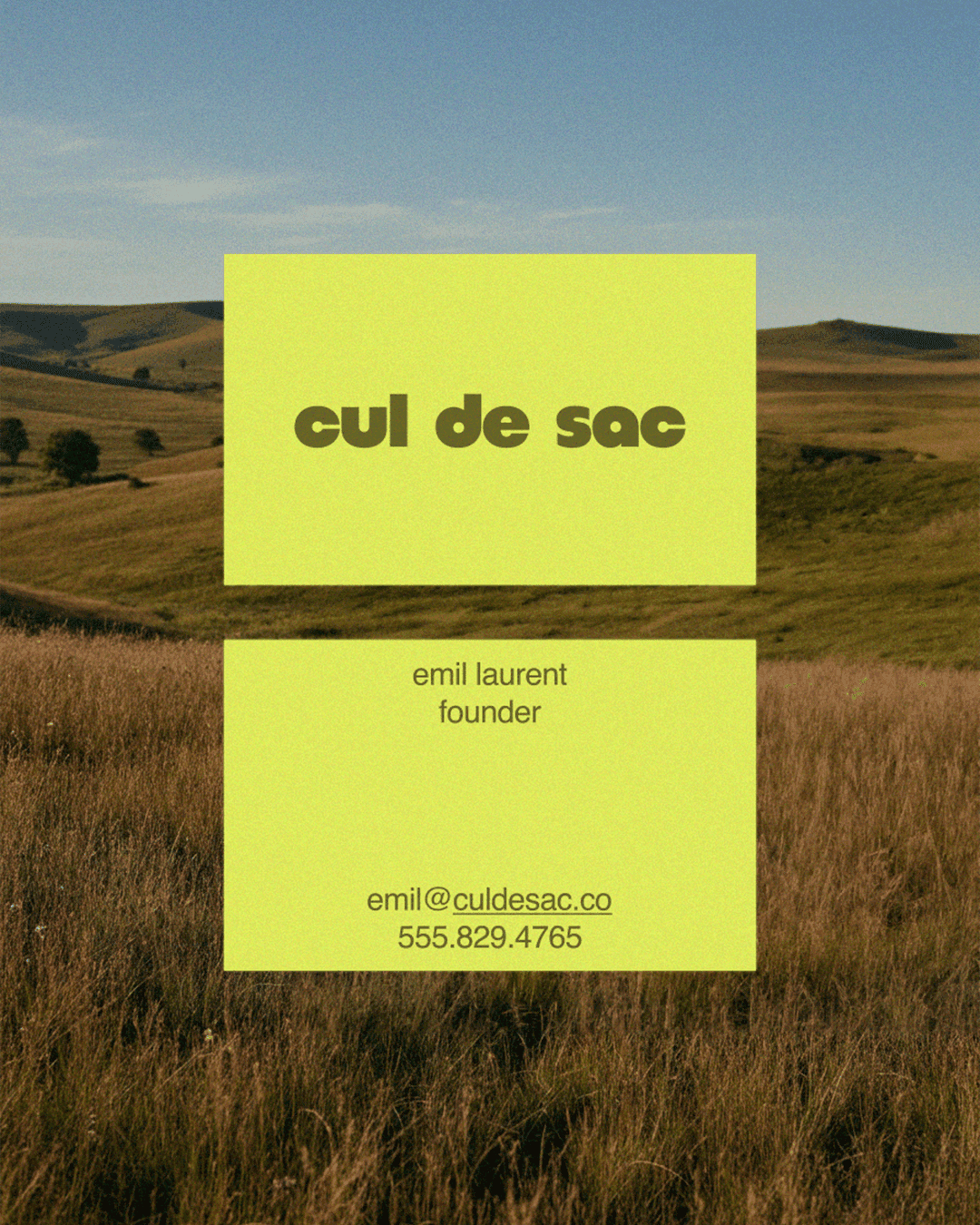cul de sac business card design in chartreuse displaying founder contact information and brand wordmark