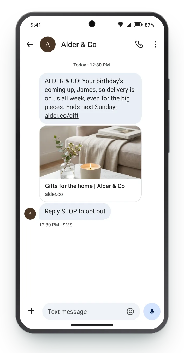 Delivery covered for the week birthday text on an Android phone