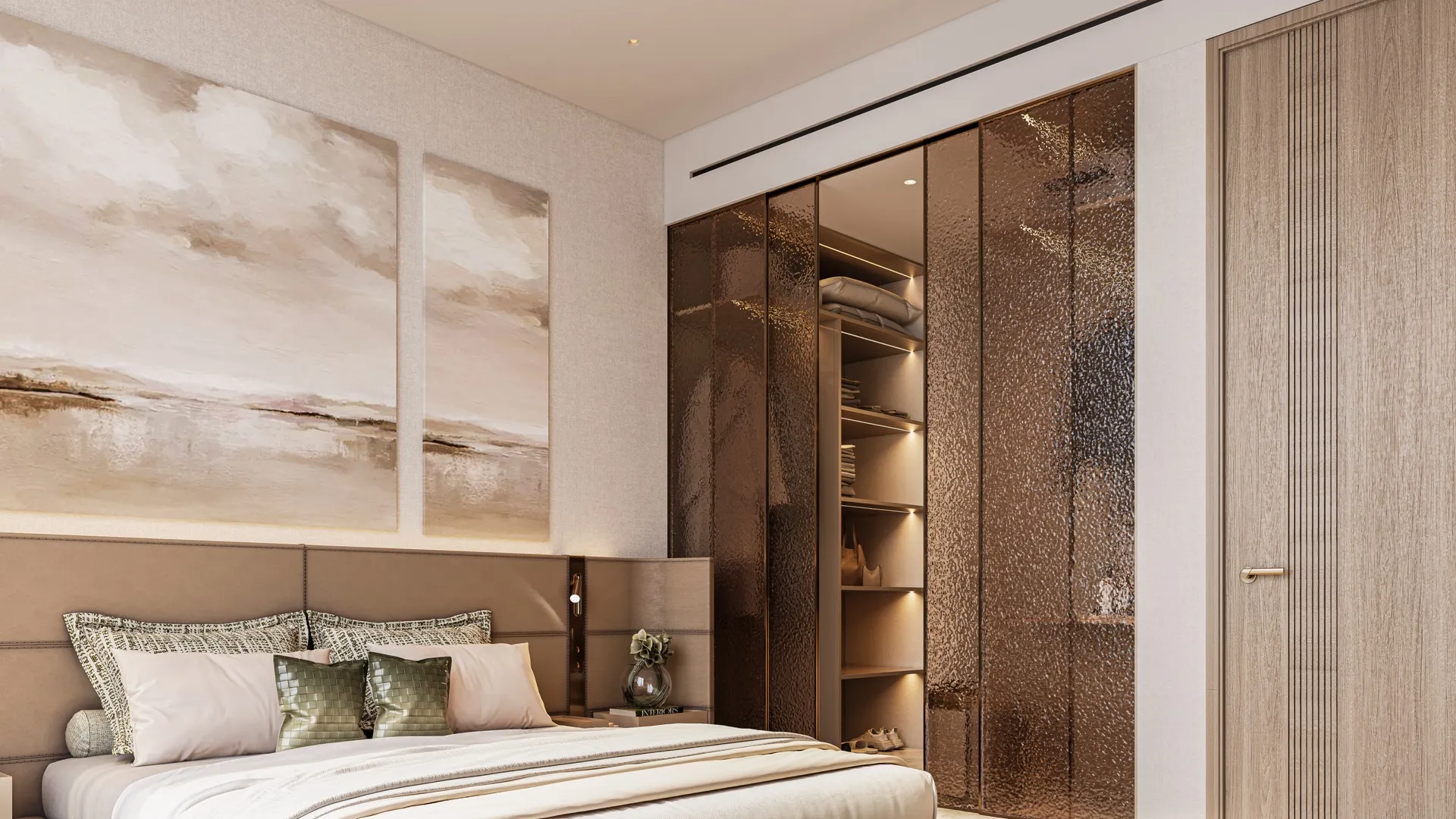 Sea Cliff master bedroom featuring a designer glass wardrobe and sophisticated finishes for a modern lifestyle.