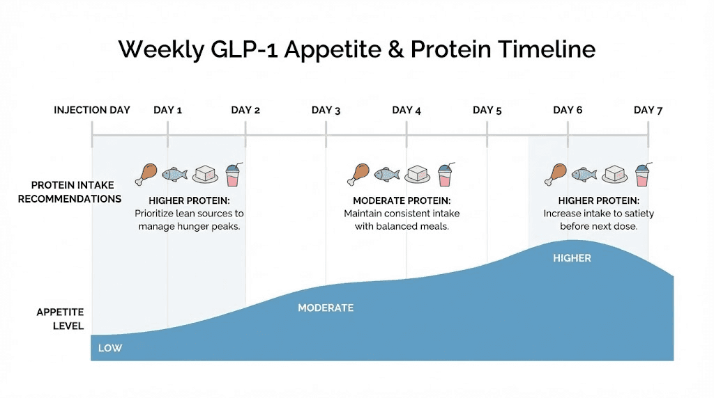 Weekly GLP-1 cycle showing appetite levels and protein timing strategy across seven days