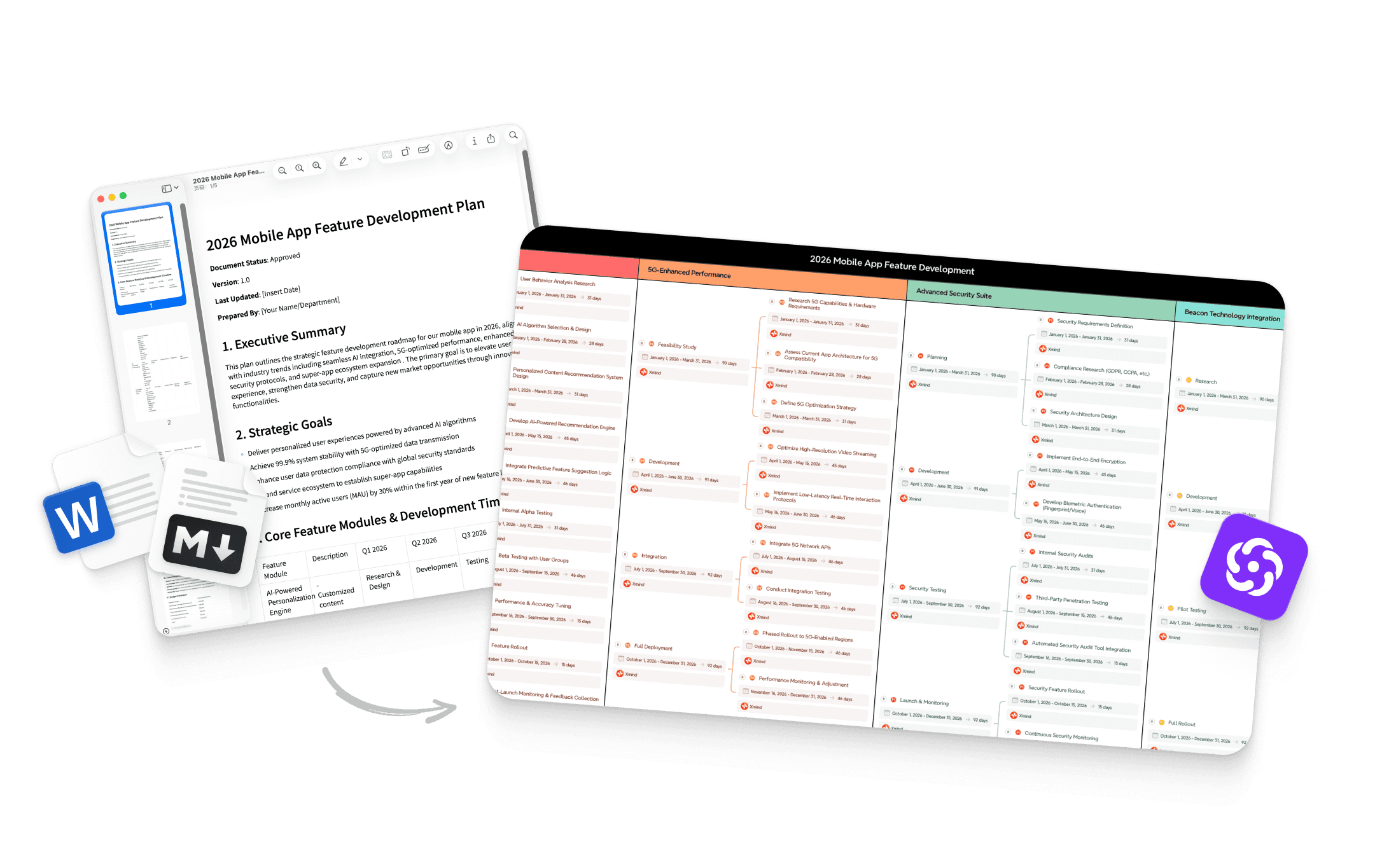 Documents in Word and Markdown format transforming into a structured project board, illustrating seamless import and organization.