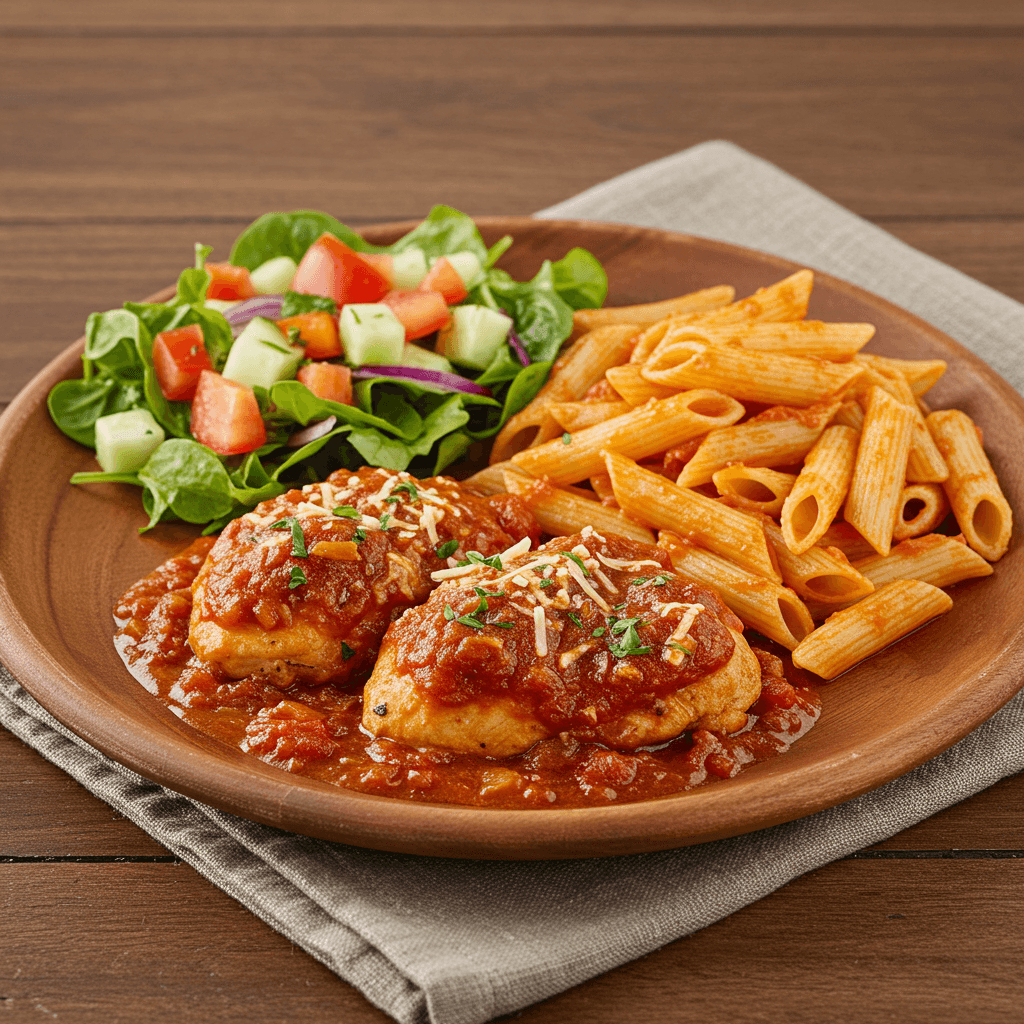 italian food on a plate. salad, chicken, penne