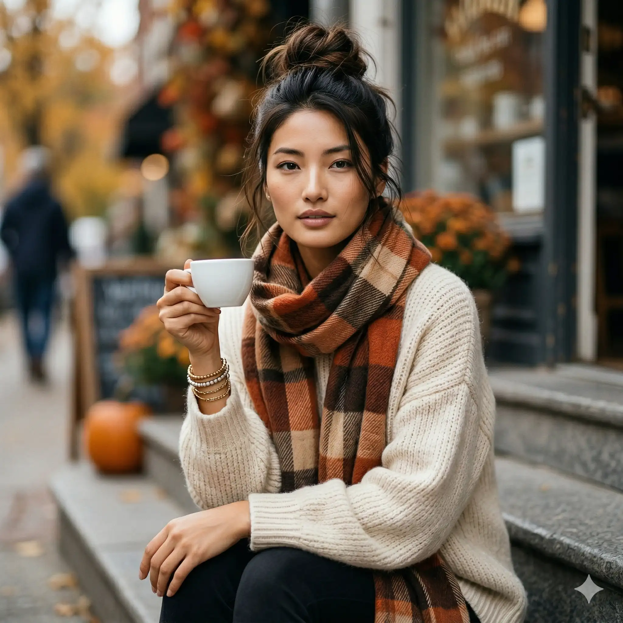 AI-generated lifestyle image of a woman with a messy bun wearing a cream knit sweater and plaid scarf, drinking coffee on stone steps with autumn foliage in the background. Designed for the AI image generation portfolio of Mahendra R.