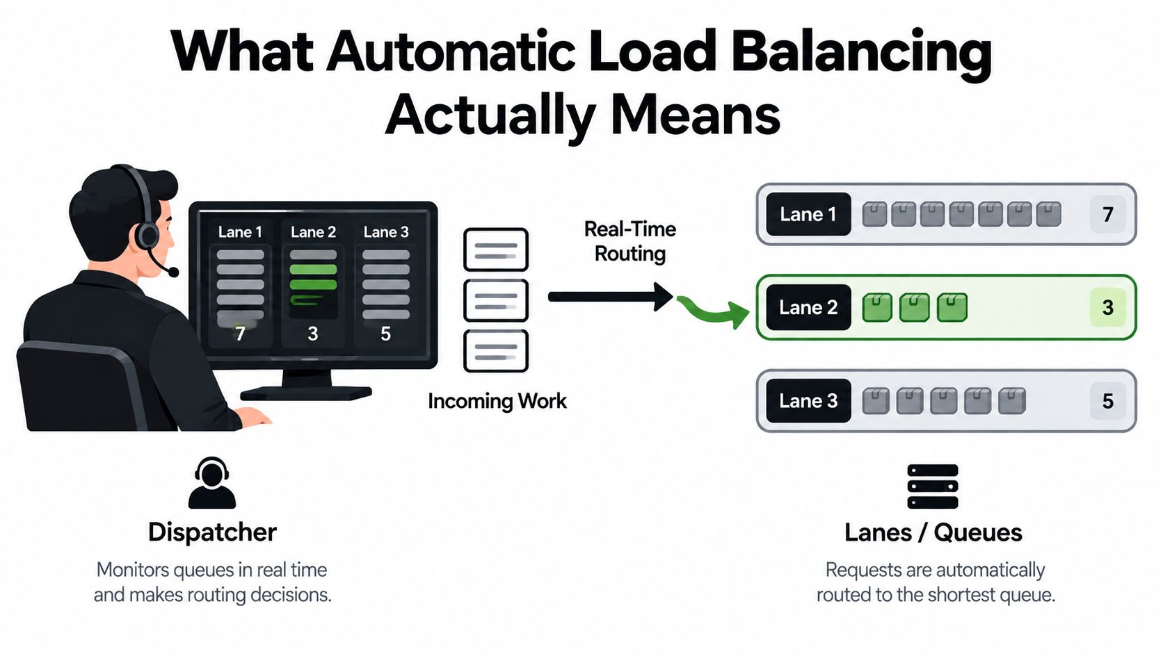 A diagram illustrating automatic load balancing where a dispatcher routes incoming work to the shortest queue.
