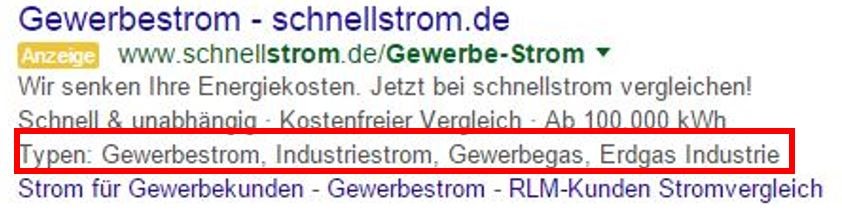 Aktivierte Snippets in Google AdfWords am Beispiel Schnellstrom