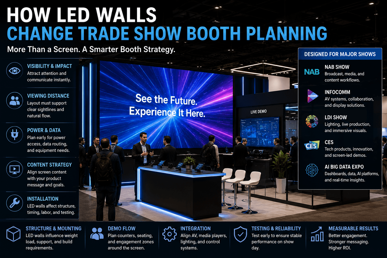Trade show booth with LED wall, screen-led product demo, control station, power and data routing, graphics hierarchy, and visitor viewing flow