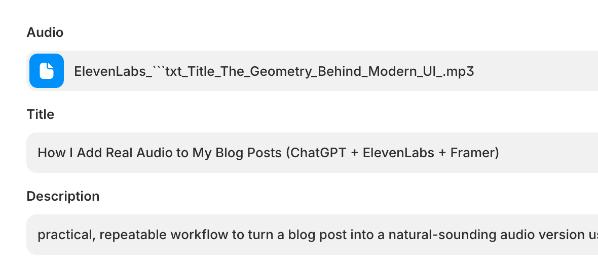 Form fields for an audio upload, showing an MP3 file selected, plus Title and Description inputs filled with the blog post name and a short summary.