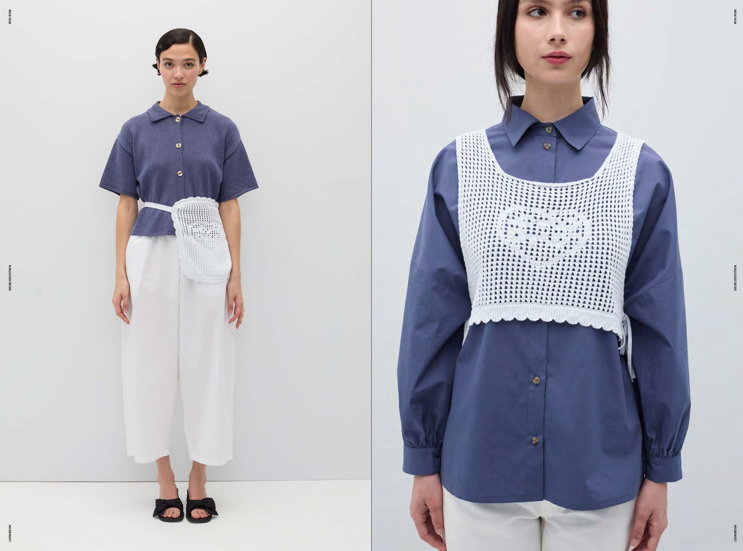 Double page du lookbook Rita Row, la mannequin porte des tenues bleu et blanc, chemise, pantalon et un sac et un top en crochet
