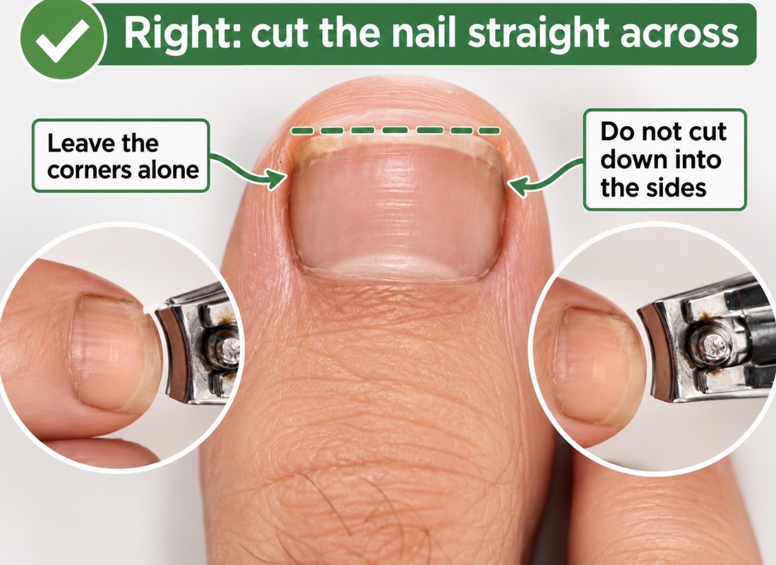 Toenail trimmed straight across, marked with a green tick: leave the corners alone and do not cut down into the sides.