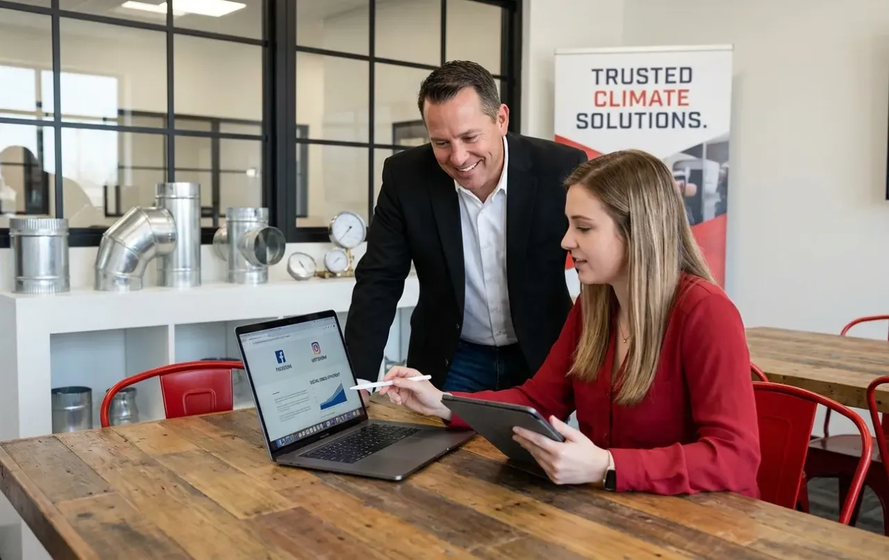 A woman and a man are looking at a laptop