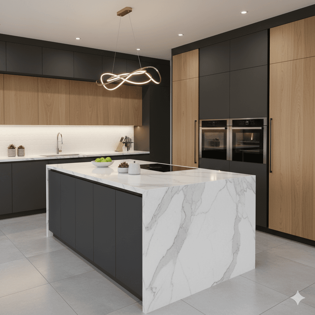 Luxury modular kitchen with Italian marble countertop and European cabinetry