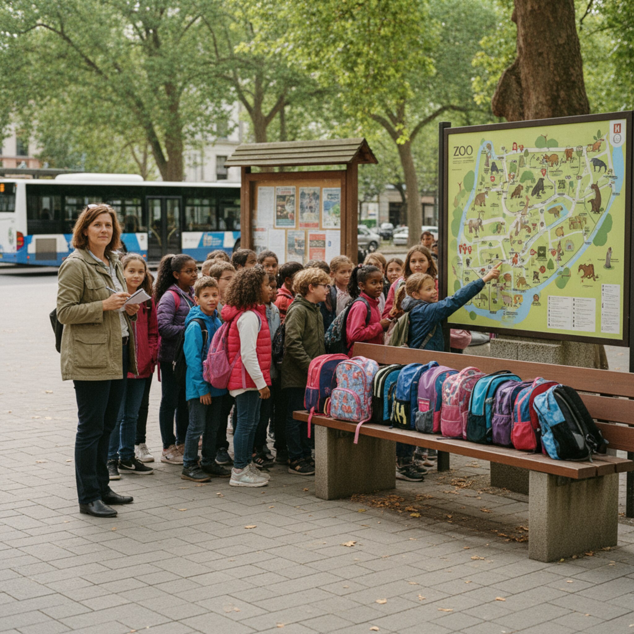 Vor einer großen Karte versammelt sich eine Schulklasse, Rucksäcke aufgereiht neben einer Bank. Die Lehrerin zählt leise durch, während ein Bus im Hintergrund abfährt. Ein leiser Wind lässt Plakate rascheln, die Kinder lachen, alles wirkt organisiert und startklar.