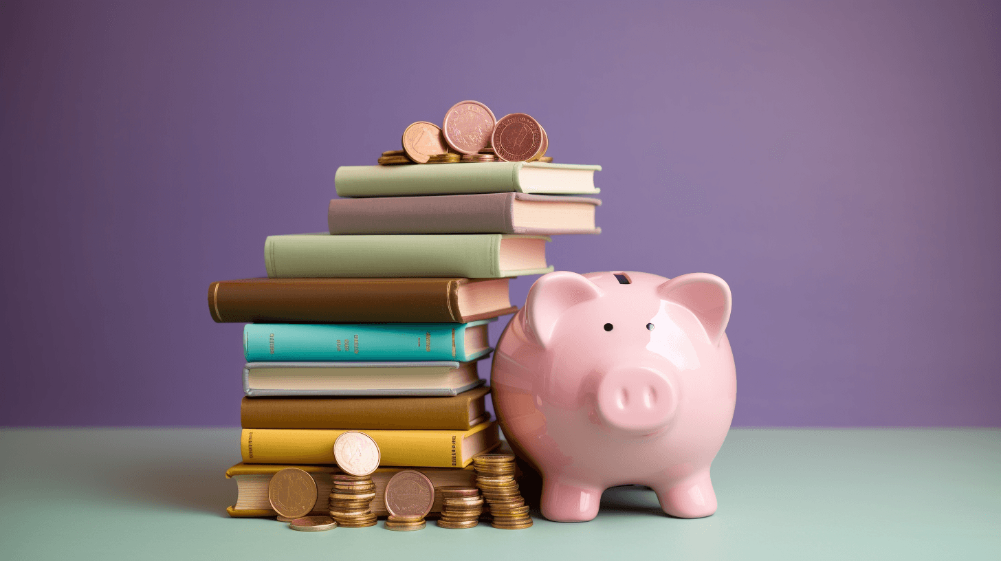 A piggybank on a table surrounded by books and coins