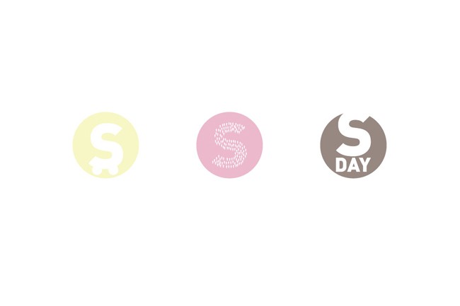 The image displays three circular logos arranged horizontally against a white background. The leftmost logo is pale yellow and contains a white stylized letter “S” with a small car icon below it. The center logo is light pink and features a white stylized letter “S” with a pattern of small dots or shapes. The rightmost logo is dark gray and displays a white stylized letter “S” with the word “DAY” written below it.